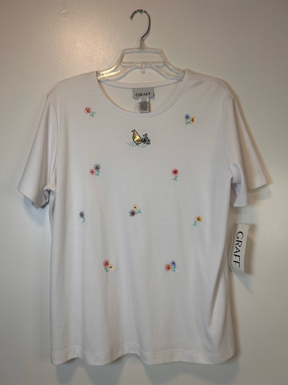 GRAFF White Tee with Embroidered Floral & Bird‎ Motif Women’s Large